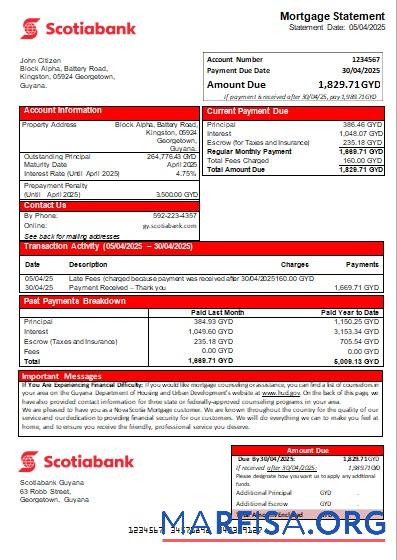 Downloadable Guyana Bank of Nova Scotia bank mortgage statement scr real example